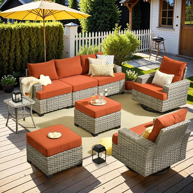 Patio Outdoor Furniture Set - All Weather Wicker Modular Sectional Sofa Couch,Patio Seating Outdoor Conversation Sets for Deck Yard Garden (Orange Red, 8 Pcs w/Swivel Glider)