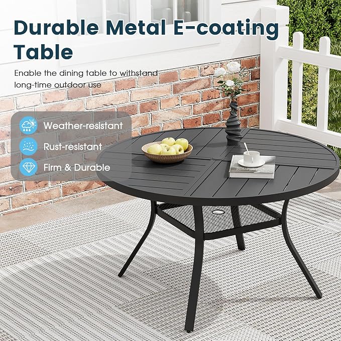 5 Pieces Patio Furniture Dining Set, 4 Textilene Swivel Dining Chairs, 41" Outdoor Round Metal Table with Storage Shelf and 1.57" Umbrella Hole, Outdoor Dining Set for Porch, Lawn, Black/Black