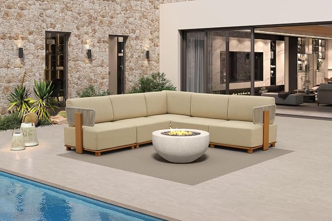 PURPLE LEAF Patio Furniture Set Modular L-Shaped Outdoor Sectional Sofa with 11" Thick Olefin Cushion 5-Piece Outdoor Conversation Set w/White Lights for Patio Backyard Garden Poolside, Beige