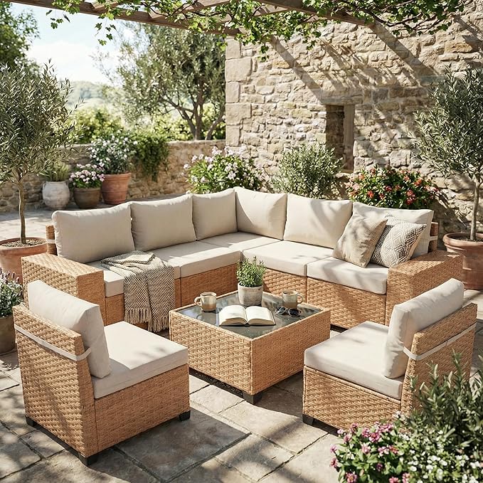 SUNSITT 8-Piece Patio Furniture Set, Outdoor Wicker Modular Sectional Sofa with 7.7-inch Wide Armrests & Thick Comfy Cushions, Glass Top Coffee Table, Rattan Conversation Set, Natural Color