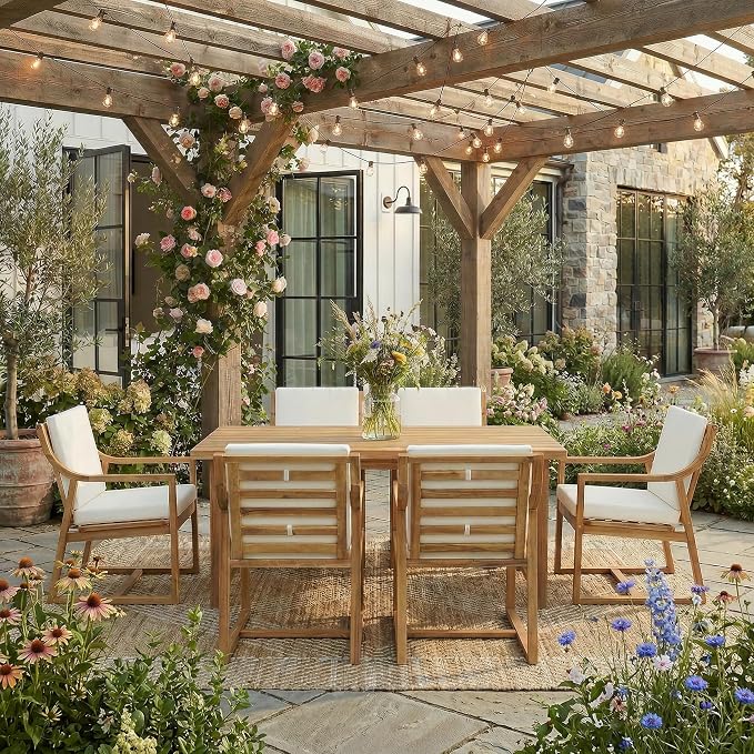 Merax 7-Piece Patio Dining Set, Acacia Wood Rectangular Dining Table and Chairs Set with Cushions, Outdoor Furniture Set for Backyard, Garden, Poolside,Light Teak