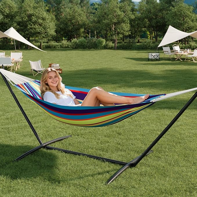 Double Hammock with Stand - Heavy Duty 450lbs Capacity, Portable Cotton Hammock for 2 Adults, Indoor & Outdoor Use with Travel Bag, Quick Assembly, Tropical Stripe Pattern