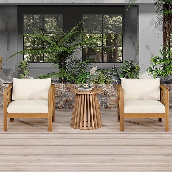 Christopher Knight Home Lucy Acacia Wood Outdoor Patio Furniture Set, 3 Pieces Patio Set, Round Side Table and ArmChairs Conversation Set with Cushion for Garden Lawn Balcony, Beige + Light Teak