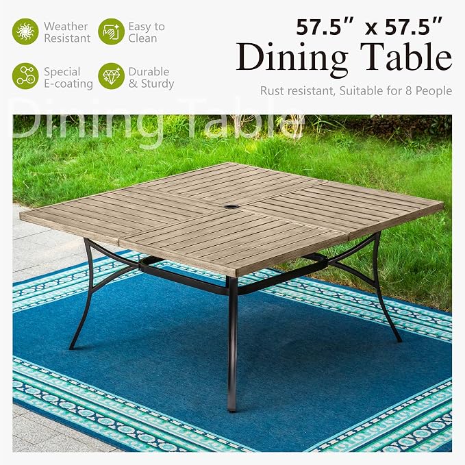 Sophia & William 57.5" Large Outdoor Patio Table for 8, Outdoor Square Metal Dining Table with 1.9" Adjustable Umbrella Hole, All Weather Wrought Iron Furniture Table for Garden Deck, Brown