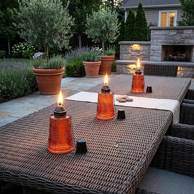 Seraphic Citronella Table Top Torches for Outdoor Patio, 16oz Decorative Glass Torch Citronella Candles for Outside Deck, Garden, Parties, Set of 3, Amber