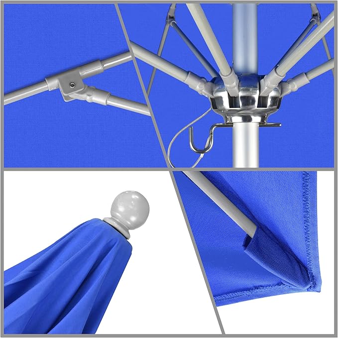 California Umbrella 9' Round Aluminum/Fiberglass Umbrella, Push Open, Silver Pole, Sunbrella Pacific Blue