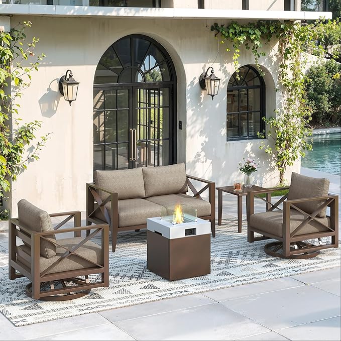 Aluminum 4-Seats Outdoor Patio Furniture Set with Fire Pit, Sectional Conversation Sofa with 5.2" Thick Cushions & Swivel Rocking Chairs, Rust-Resistant Frame Sofa for Porch, Backyard, Brown