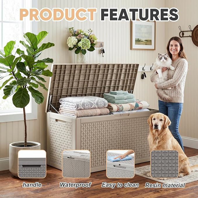 EasyUp 110 Gallon Deck Boxes Outdoor Waterproof, Resin Outside Storage Box for Patio Cushion Furniture Pool Accessories Garden Tools Indoor Outdoor Storage Bench (110 Gallon, Grey)