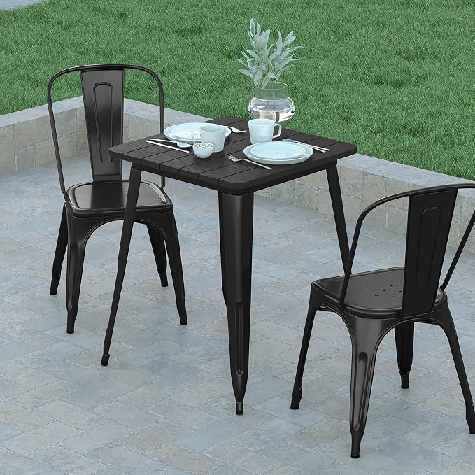EMMA + OLIVER Drew Dining Table - Black 23.75" Square Poly Resin Table Top - Black Steel Base - All-Weather for Indoor/Outdoor Use