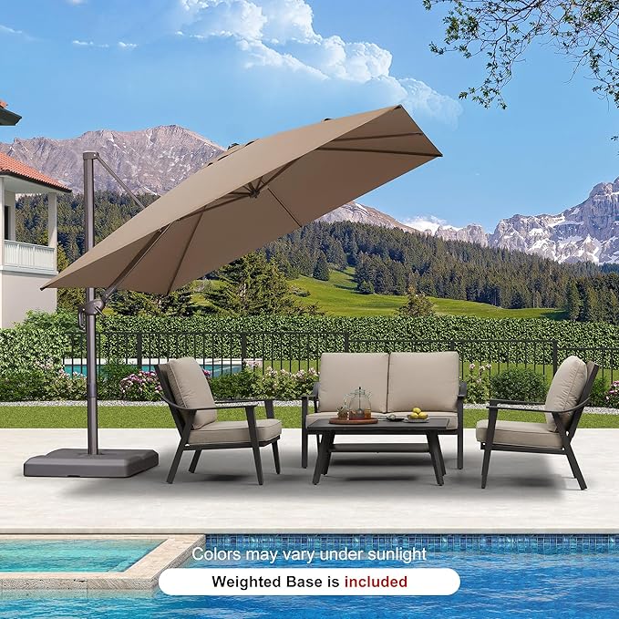 PURPLE LEAF 10' X 10' Patio Cantilever Umbrella with Base Included Antique Bronze Square Outdoor Umbrella with 360° Rotation and Aluminum Offset Hanging for Garden Backyard Pool, Taupe