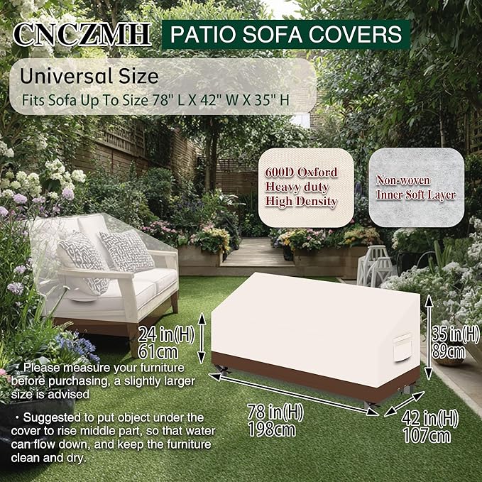 Heavy Duty Patio Sofa Covers Waterproof, Outdoor 3-Seater Couch Cover Waterproof, 600D Outdoor 2-Seater Loveseat Furniture Covers with Air Vent Handle 78''W x 42''D x 24''H/ 35''H Beige Brown