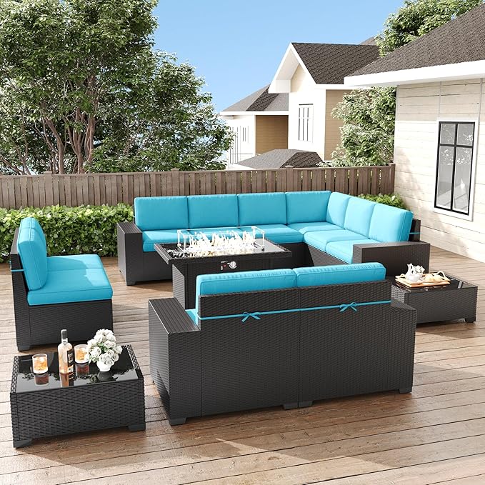 LayinSun 13 Pieces Patio Furniture Set with Fire Pit Table, Black Rattan Modular Sectional Patio Conversation Sofa Set