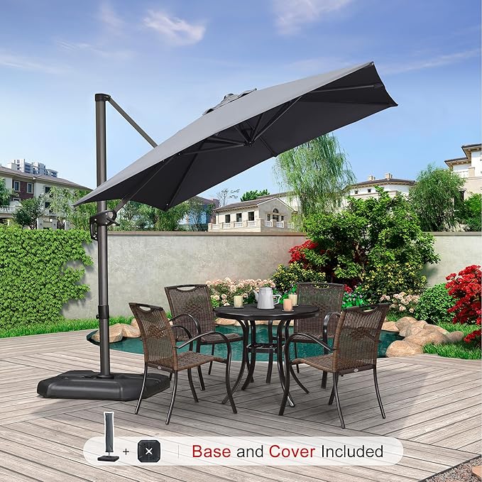 PURPLE LEAF 8'×8' Patio Cantilever Umbrella with Base Included Offset Outdoor Umbrella with Cover Square Outdoor Patios for Backyard Pool Garden Light Grey