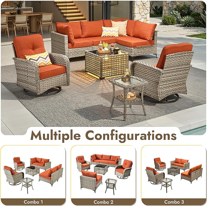 8 Pieces Outdoor Sectional Patio Furniture Set with Swivel Rocking Chairs,Conversation Sets Rattan Wicker L Shaped Couch,Modular Outdoor Sofa for Porch Balcony Backyard Orange