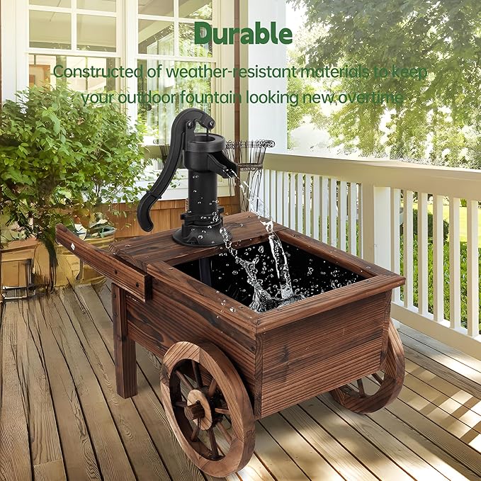 OIPRTGFJ Outdoor Water Fountain,Cute Floor Wooden Wagon Pump Old-Fashioned Fountain Solar,Electric Decorative Hand Pump, Outdoor Water Feature for Garden Patio Backyard(Solar Wagon Pump)