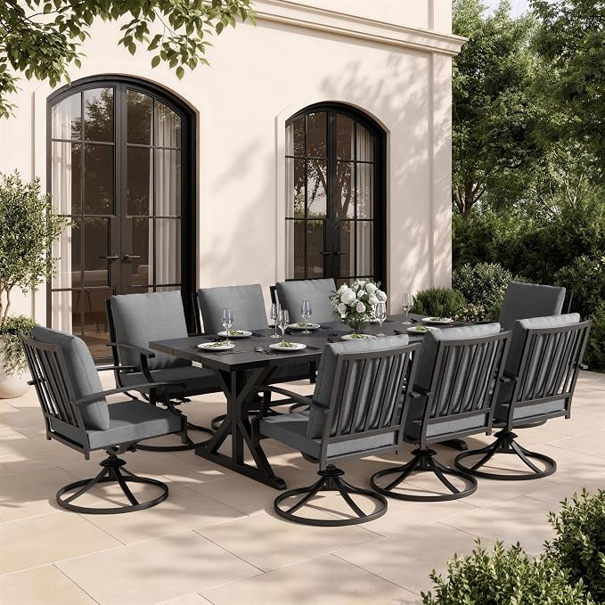 9 Piece Outdoor Dining Set for 8, Metal Patio Table and Chairs with Cushions, Patio Furniture Set with 8 Swivel Chairs, Rectangular Metal Dining Table with Umbrella Hole, Lawn Deck Yard-Grey