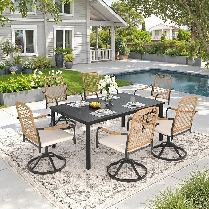 DIFY 7 Pieces Outdoor Dining Set, Metal Patio Table and Chairs Set for 6, 63" Rectangle Dining Table with Umbrella Hole & Wicker Swivel Patio Chairs with Cushions, Black Tabletop