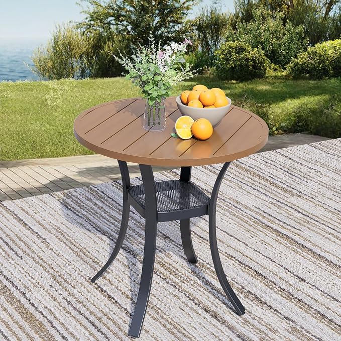 27.5'' Outdoor Patio Table with Storage Shelf, Heavy Duty 400lbs Capacity Round Metal Garden Table, All-Weather Walnut Tabletop for Deck, Balcony, Bistro, 2-4 Person