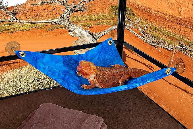 Hammock for Bearded Dragons, Blue Heaven Batik Fabric with Suction Cup Hooks