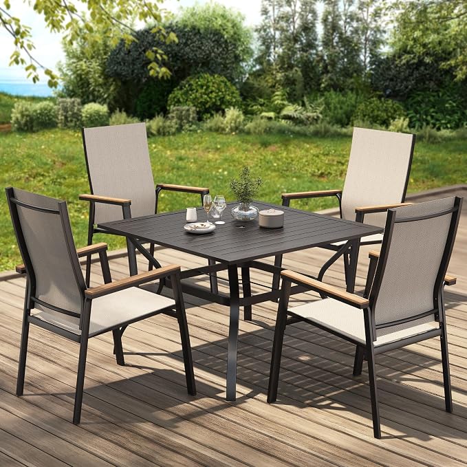 PHI VILLA 5 PCS Patio Dining Set, 4 Outdoor Aluminum Stackable Sling Chairs with Armrest & 1 Square Metal Dining Table with 1.57" Umbrella Hole, Outdoor Furniture for Deck, Beige