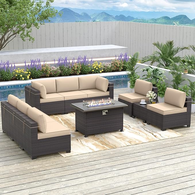 Patio Furniture Sectional Sofa 10PCS PE Rattan Patio Conversation Set w/43in Gas Fire Pit Table, Patio Outdoor Furniture with 4 Inch Thickened Cushions and Glass Coffee Tables, Sand