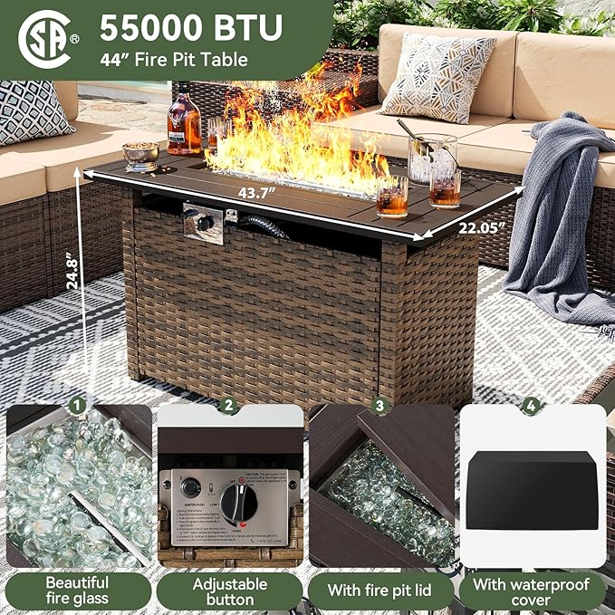 Aoxun 9 Piece Patio Furniture Set with 44” Fire Pit Table, Wicker Outdoor Furniture Set with Storage Box, Patio Sectional Set with Cushions and Waterproof Cover (Brown & Khaki)