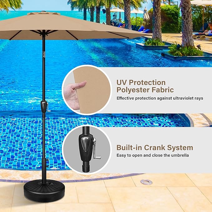 HealSmart 9' Patio Table Umbrella with Button Tilt, 8 Sturdy Ribs, 50lbs Base Stand Included, for Garden, Backyard, Deck, Pool, Tan