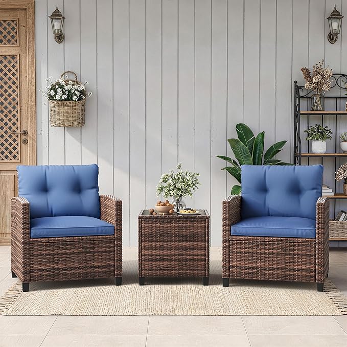 GarveeLife 3 Pieces Patio Furniture Set, PE Rattan Patio Conversation Set with Tempered Glass Tabletop, Outdoor Wicker Chairs and Table Set for Patio Balcony Garden, Brown & Blue