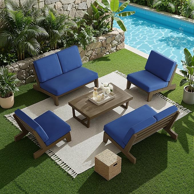 UIXE 7 Pieces All Weather Wood Patio Furniture Sets, 2 Patio Loveseat, 4 Patio Bistro Chair, Outdoor Sectional Sofa Furniture Backyard Conversation Set with Coffee Table - Navy
