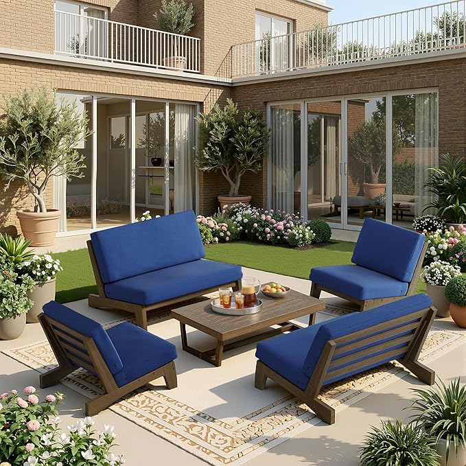 UIXE 6 Pieces Wood Patio Furniture Sets, 2 Patio Loveseat, 2 Patio Bistro Chair, All Weather Outdoor Sectional Sofa Furniture Backyard Conversation Set with Coffee Table - Navy