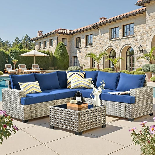 6 Pieces Outdoor Sectional Patio Furniture Set,Wicker Conversation Sets L Shaped Couch,Outdoor Sofa Outside Furniture with Solar Table Light(Blue)