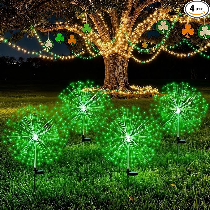 Tujoe 4 Pcs St Patricks Day Solar Lights Solar Firework Lights Decoration 180 LED 8 Modes Waterproof LED Stake Sparkler Decor for Irish Walkway Pathway Driveway Garden Patio Yard Lawn(Green)