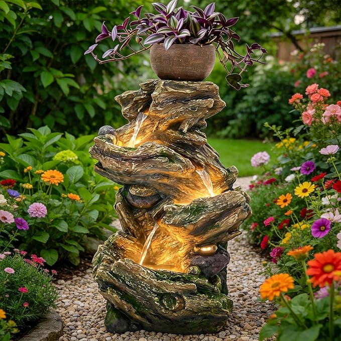 33" Rustic Tree Trunk Outdoor Water Fountain with Planters, Handcrafted 5-Tier Cascading Water Feature with Moss & LED Lights, Relaxing Tranquil Decor for Garden Yard Patio Porch
