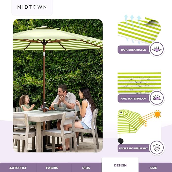 Midtown Umbrellas Wooden 2-9 Ft Patio Umbrella with 360° Swivel & Tilt Mechanism, 8 Fiberglass Ribs & Terylast Polyester Fabric for Deck, Pool, Garden & Porch - Pear Stripes Canopy, Wooden Pole