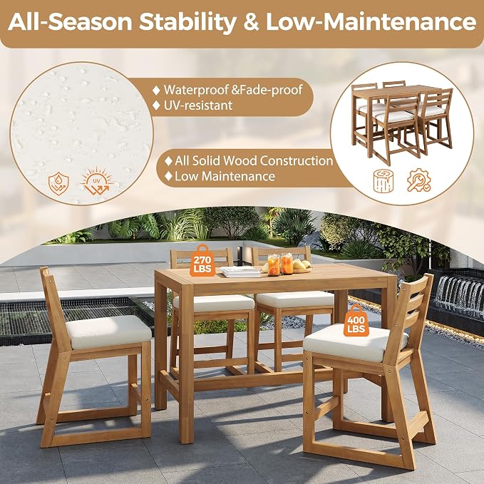 5-Piece Rustic Patio Bar Set, Acacia Wood Bar Table & Chairs with Slatted Tabletop for Backyard, Balcony, Poolside (Light Teak11)