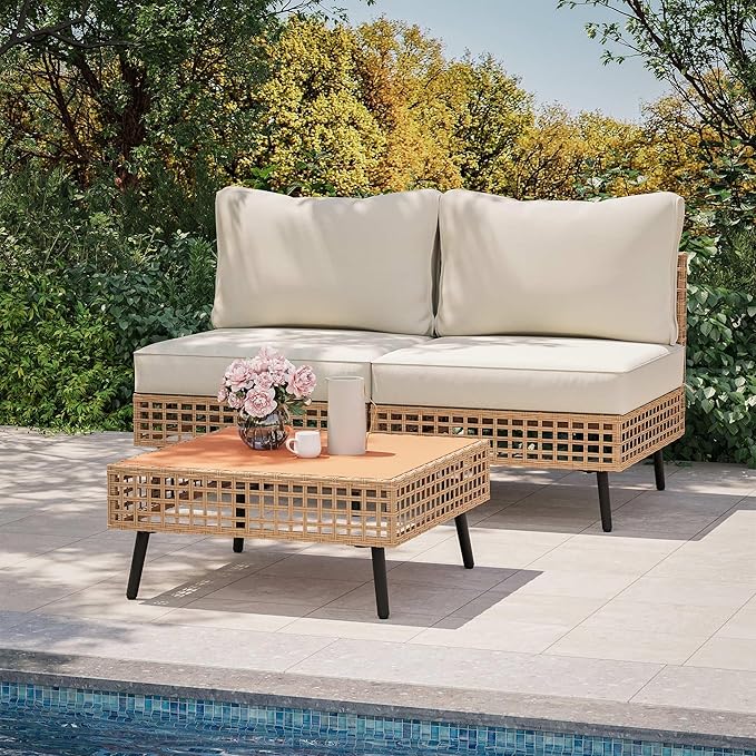 LAUSAINT HOME 3 Pieces Outdoor Sectional Sofa Set, All-Weather PE Wicker Rattan Patio Conversation Set with Thick Cushions & Coffee Table, Patio Furniture Set for Garden, Backyard, Porch (Beige)