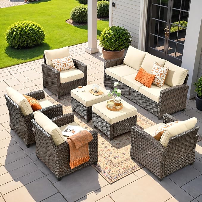 CAODOC 7 Pieces Rattan Patio Furniture Set, 4 x Single Chair, 2 x Ottoman and 3-Seat Sofa with Cushions, 9 Seats Outdoor Wicker Sectional Conversation Set for Garden, Poolside, Backyard