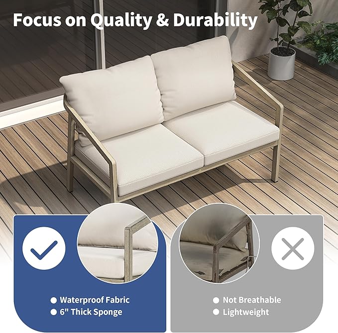 Patio Conversation Sets Outdoor Loveseat Sofa, Aluminum Patio Sofa Chairs with Washable Thick Cushions, Modern All-Weather Patio Furniture Sets for Garden, Backyard, Porch (Grey+Beige)