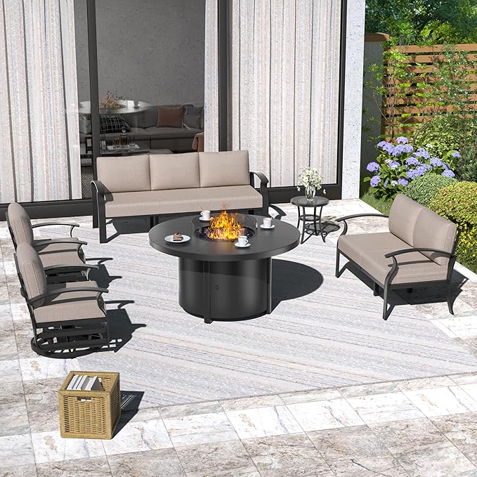 ALAULM Aluminum Patio Furniture Set with 40,000 BTU Round Propane Fire Pit Table 7-seat Metal Outdoor Furniture w/ 2 Swivel Chairs Patio Sectional Sofas for Patio, Lawn, Poolside（Sand