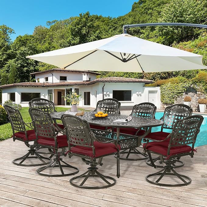 9-Piece Patio Dining Set, Oval Cast Aluminum Dining Table with Umbrella Hole & 8 Swivel Rocker Chairs, Red