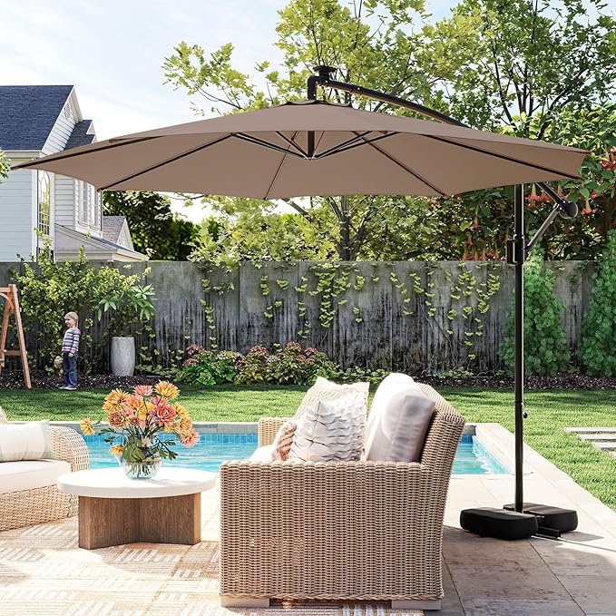 HAPPYGRILL 10 FT Offset Hanging Umbrella with Multi-Colored Flowing LED Lights, 9 Light Modes, Outdoor Patio Cantilever Umbrella with Base, Easy Tilt, 360° Rotation, Crank