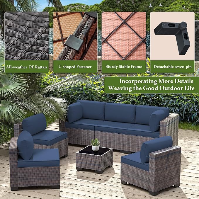 11 Pieces Outdoor Patio Furniture Set,Outdoor Sectional Furniture with 43" 55000 BTU Gas Propane Fire Pit Table,PE Rattan Wicker Patio Conversation Set,Swivel Rocking Chairs Set,Navy Blue