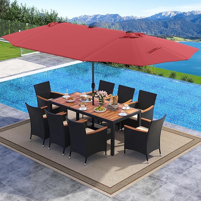 Tangkula 11 Pieces Patio Dining Set with Double-Sided Led Patio Umbrella (Base Included), with 8 Stackable Chairs, Acacia Wood Dining Table and Large Umbrella with Solar Lights (Burgundy + Off White)