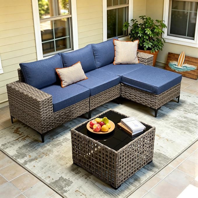 5-Piece Wicker Outdoor Sectional Furniture, Wide Armrest L-Shaped Patio Couch Set with Ottoman Thick Cushion, Modular Conversation Sets with Solar Table for Backyard Porch Balcony, Denim Blue
