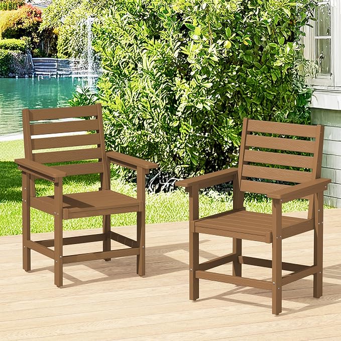 Outdoor Dining Chairs Set of 2, All Weather HDPS Patio Dining Chairs, Heavy Duty Outdoor Chair with Armrest for Backyard Deck Porch, Brown