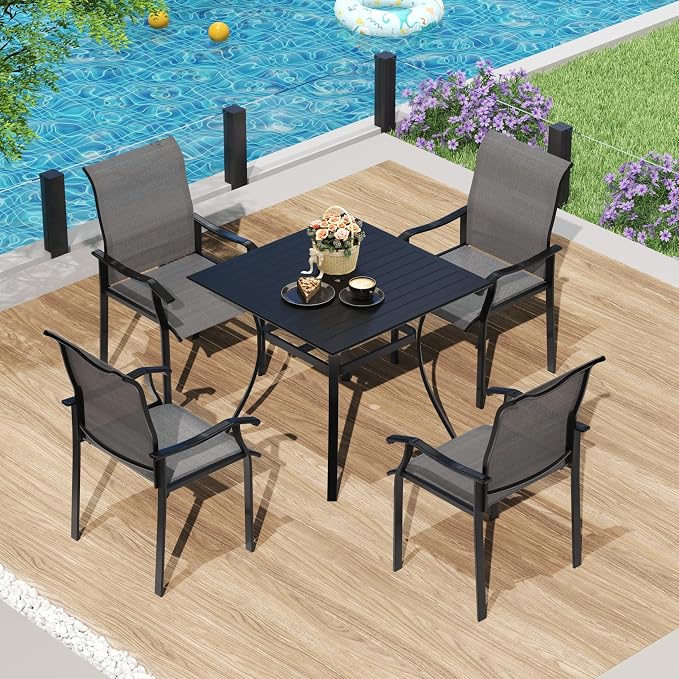 LVUYOYO 5-Piece Outdoor Patio Dining Set, Textilene Dining Chairs & Square Table Set, All-Weather Table and Chairs Set with Umbrella Hole for Backyard, Garden,Balcony,Porch (Gray)