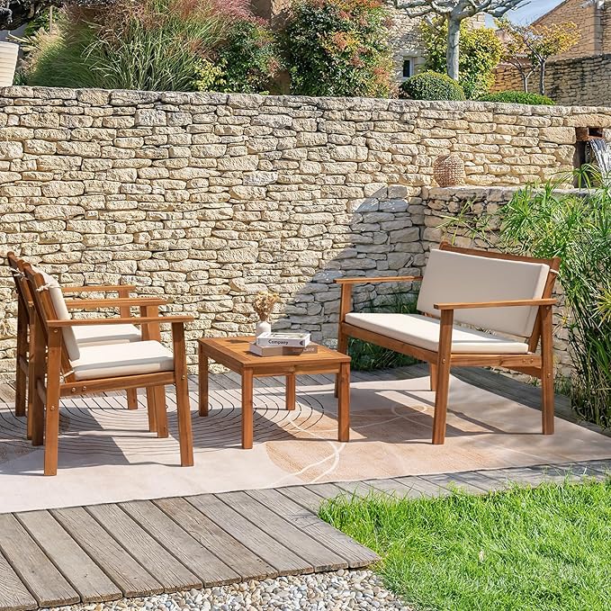 Greesum Outdoor Patio Furniture, 4 Piece Bistro Sofa Set with Coffee Table and Loveseat, Acacia Wood Conversation Sets with Cushions, for Garden, Backyard, Poolside, White