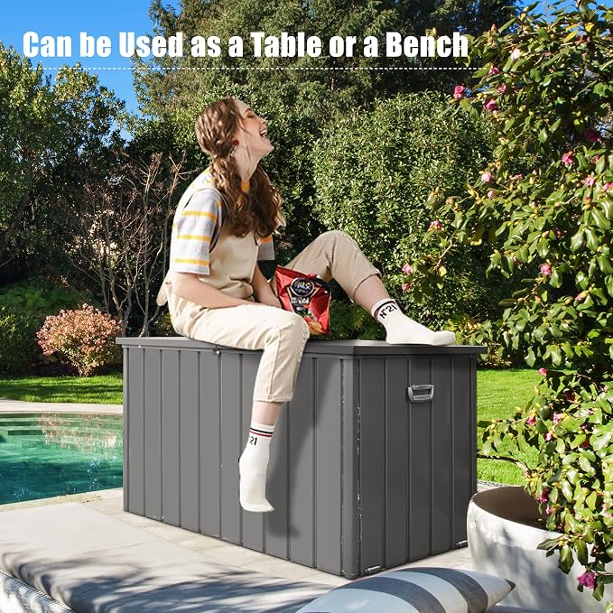 Domi Deck Box 200 Gallon Outdoor Storage Box, Large Metal Storage Cabinet Waterproof Lockable Container for Patio Furniture Cushions Garden Tools Pool-Supplies, Dark Grey