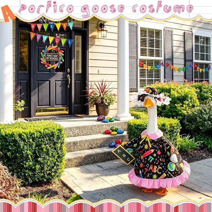 FuWeave Back to School Porch Goose Outfit Set for Plastic Statue Lawn Porch Goose Clothes with Schoolbag for Patio Decor