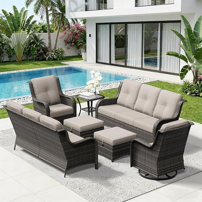 7 Piece Outdoor Wicker Patio Furniture Set, Outdoor Swivel Rocker Patio Chairs Set with Thickened Olefin Cushions, High Back and Deep Seating, Hand-Woven PE Rattan for Porch, Deck